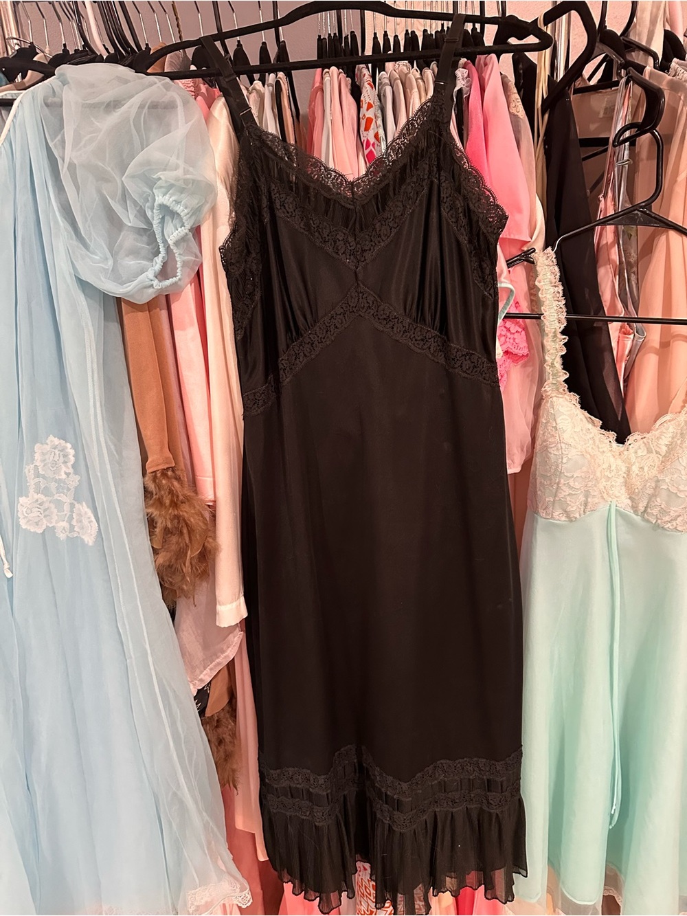 Black Lace-Trim Slip Chemise - Pleated Hem, Classic Feminine, 34T